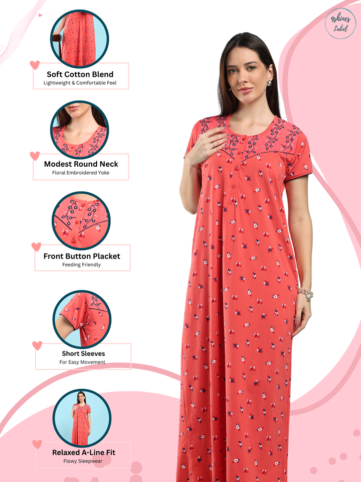 Dark Peach Floral Cotton Blend Designer Nighty for Women