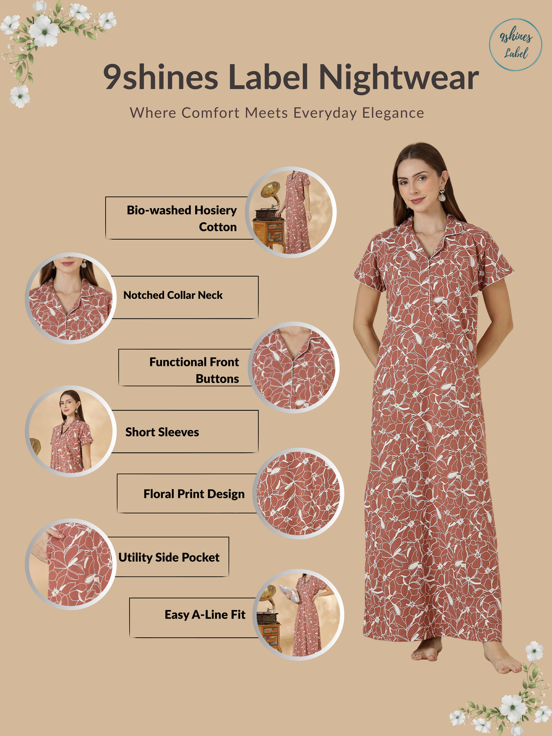 Clay Floral Hosiery Cotton Designer Nighty for Women Soft A Line Fit