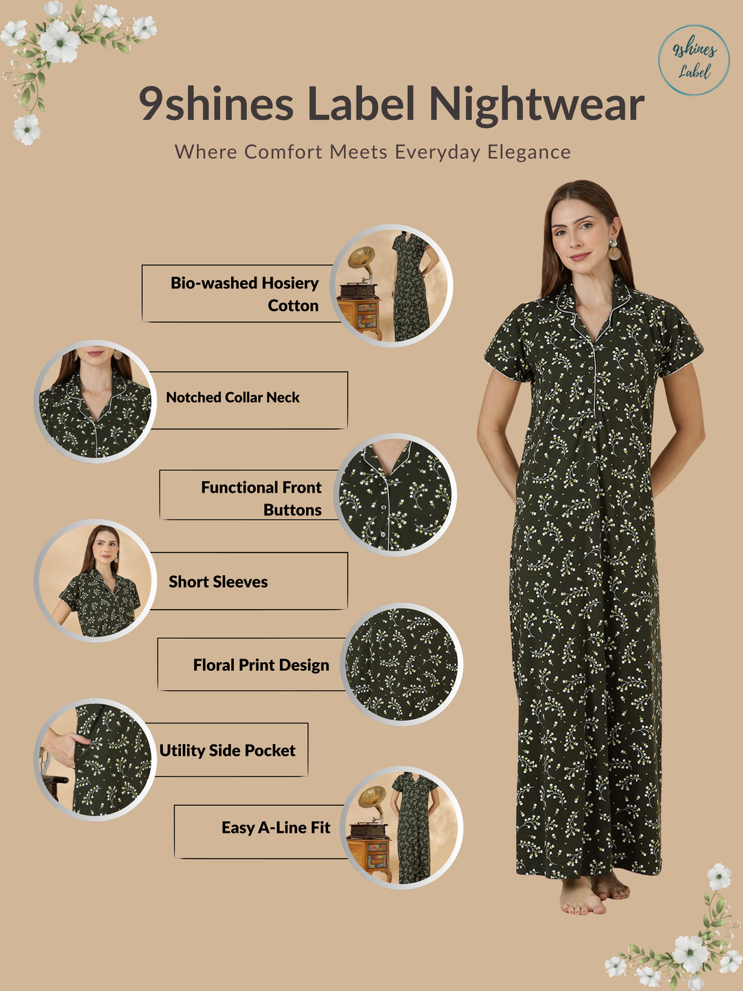 Forest Bloom Hosiery Cotton Designer Nighty for Women A Line Style