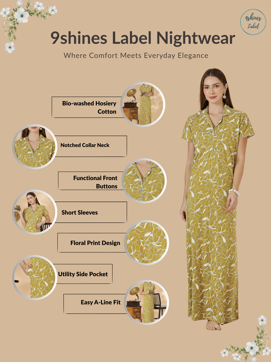 Olive Floral Hosiery Cotton Designer Nighty for Women Relaxed Fit