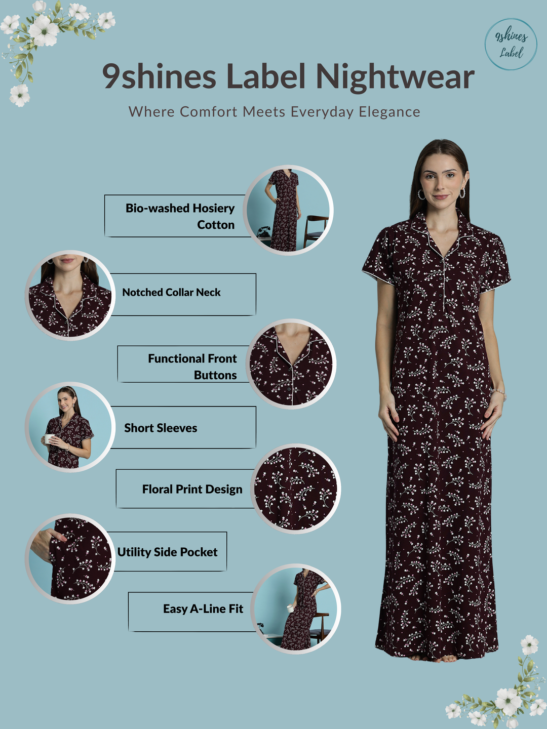 Wine Bloom Hosiery Cotton Designer Nighty for Women Soft Fit