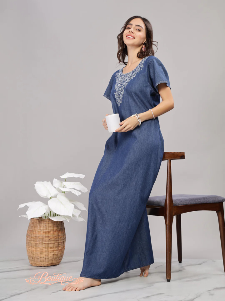 Denim Blue Embrace Embroidered Nighty - Luxurious Cotton Comfort
