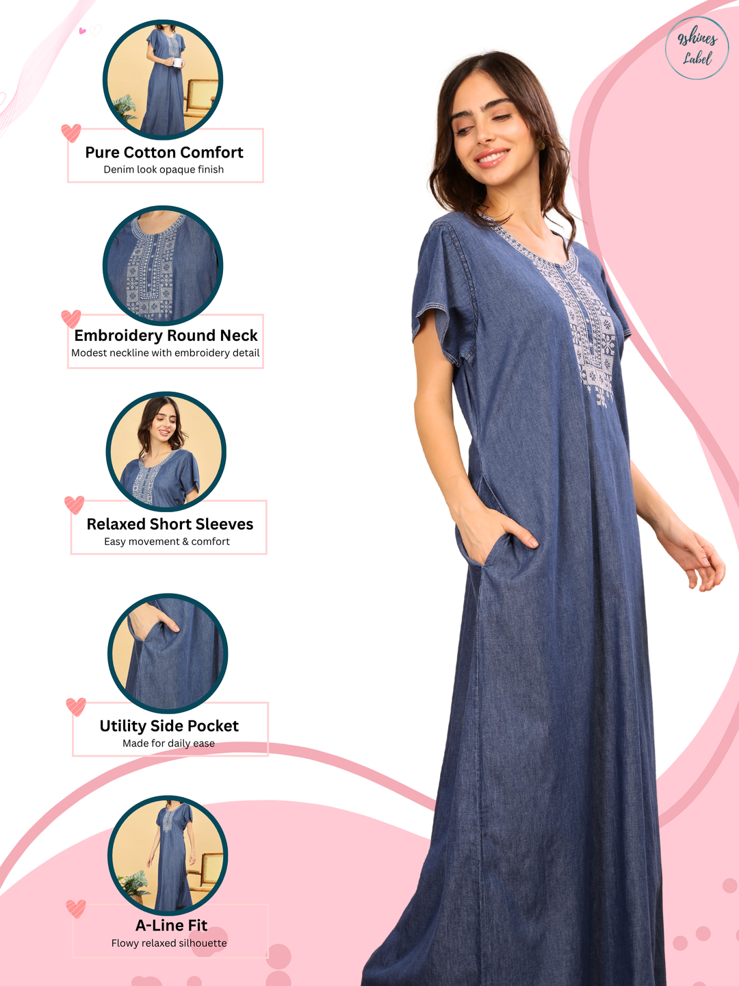 Heritage Embroidery Denim Blue Cotton Nighty | Soft & Stylish Sleepwear