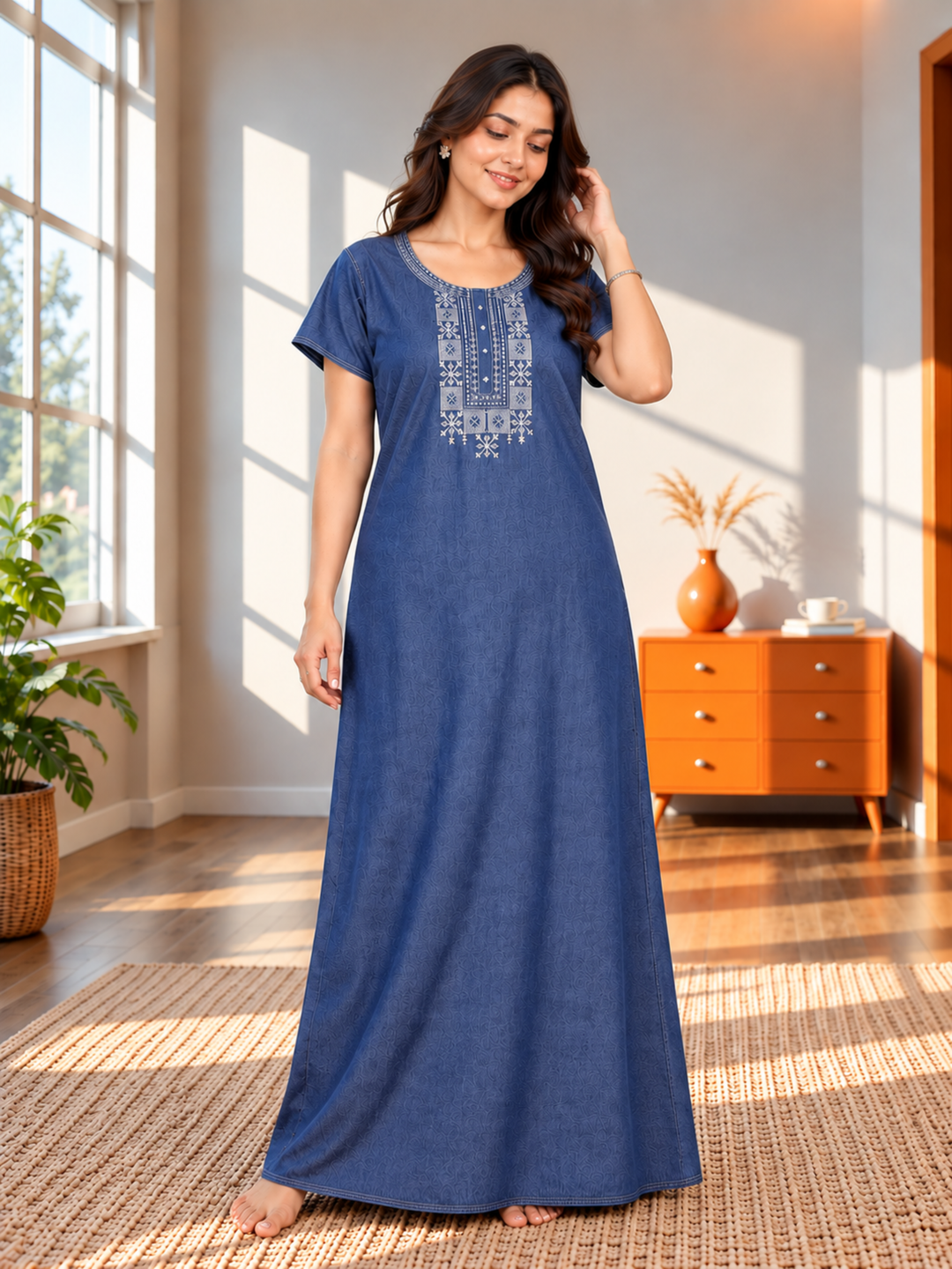 Heritage Embroidery Denim Blue Cotton Nighty | Soft &amp; Stylish Sleepwear