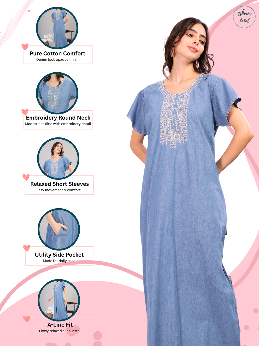 Sky Blue Heritage Embroidery Cotton Maxi Nighty | Elegant Sleepwear