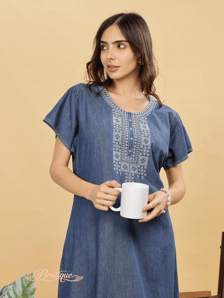 Heritage Embroidery Denim Blue Cotton Nighty | Soft &amp; Stylish Sleepwear