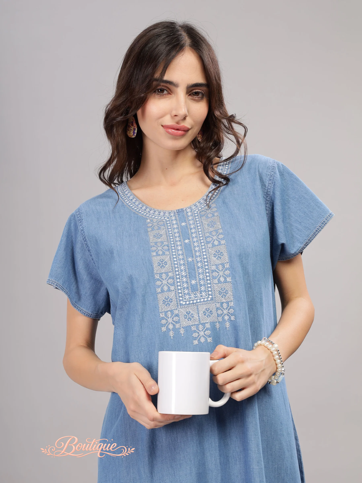Sky Blue Heritage Embroidery Cotton Maxi Nighty | Elegant Sleepwear