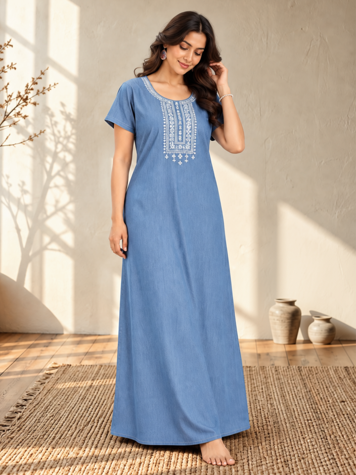 Sky Blue Heritage Embroidery Cotton Maxi Nighty | Elegant Sleepwear