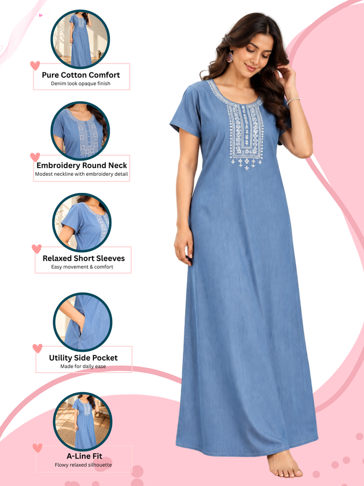 Sky Blue Heritage Embroidery Cotton Maxi Nighty | Elegant Sleepwear