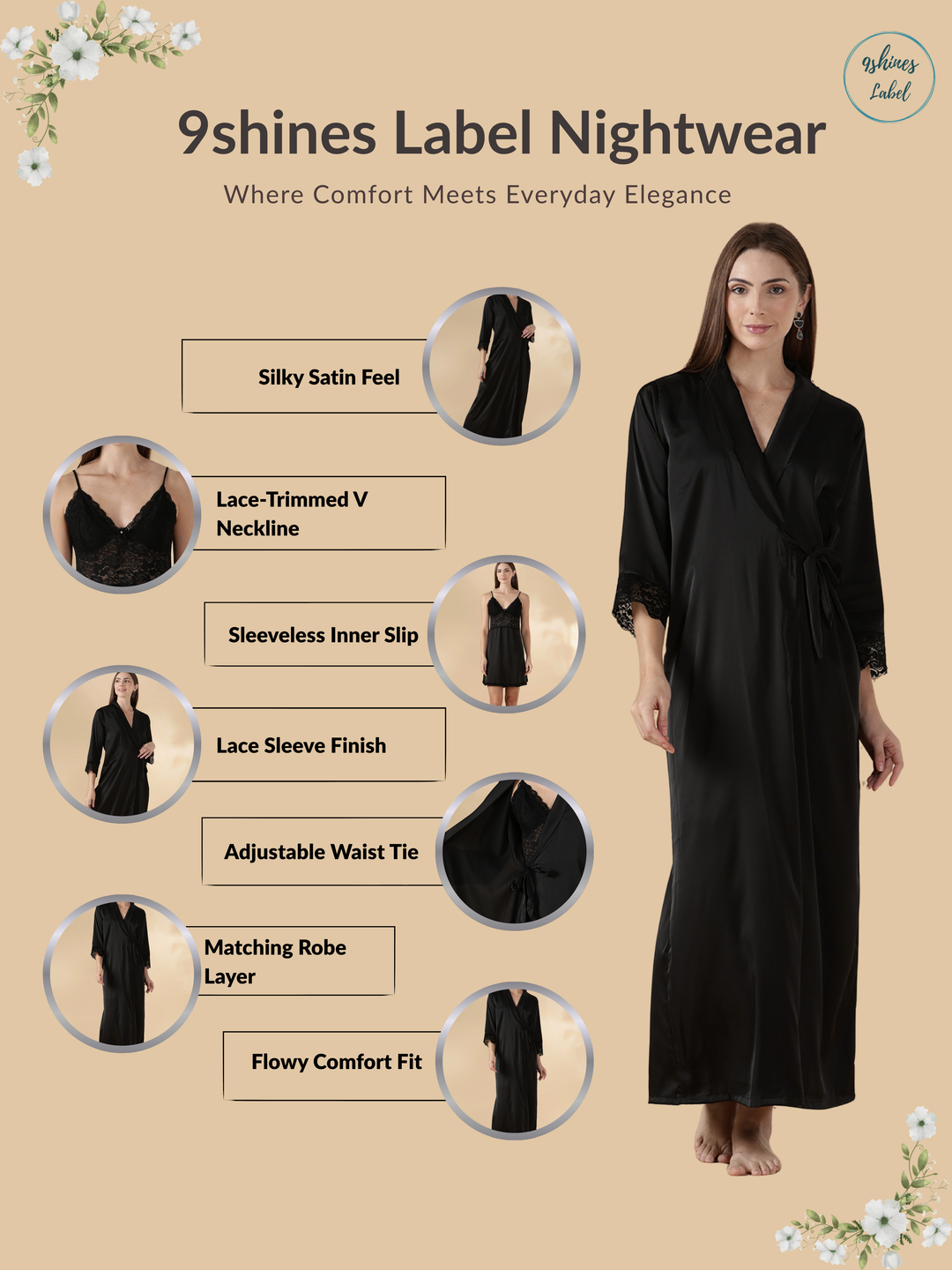 Satin Nighty Set for Women with Lace Slip and Long Robe