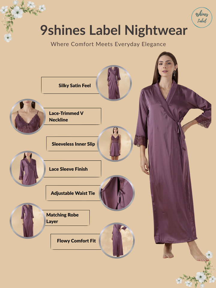 Satin Designer Nighty for Women with Lace Robe and Slip Set