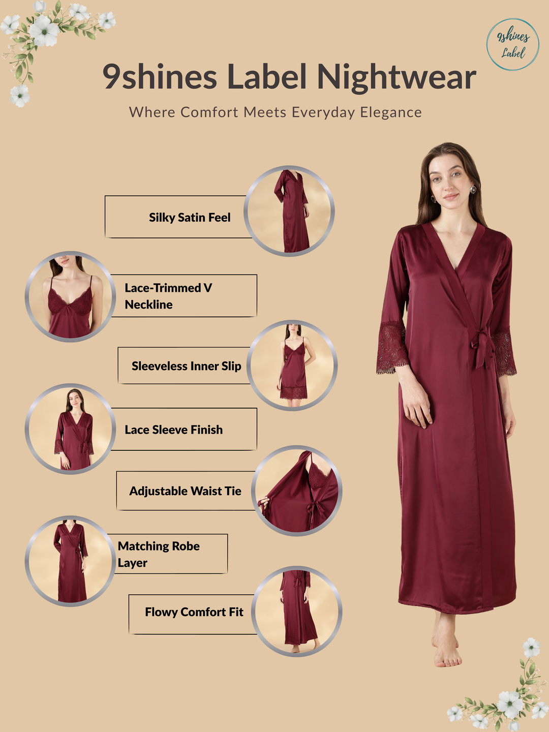 Satin Lace Nighty with Matching Robe in Wine Rose