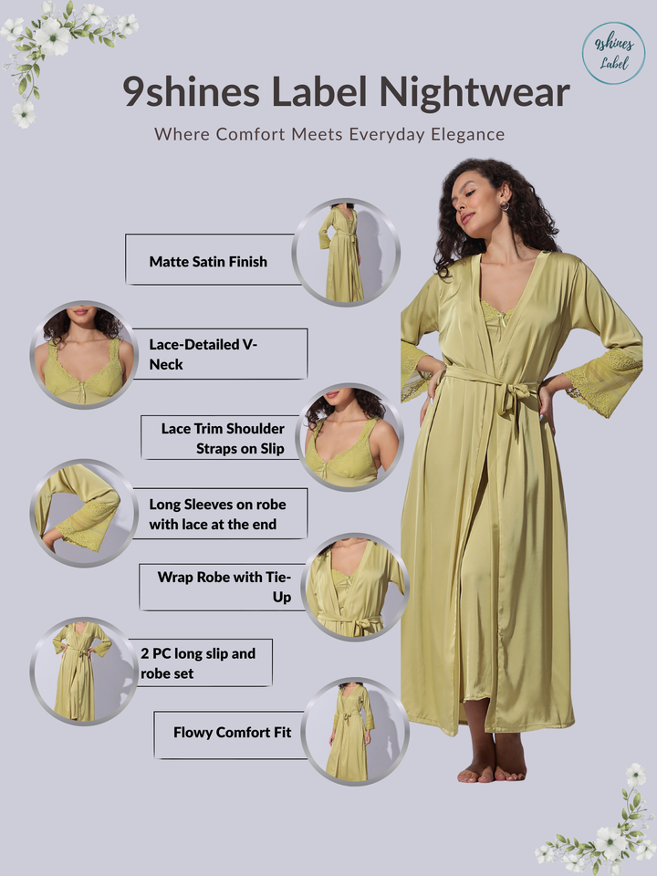 Shimmer Gold Satin Long Robe and Night Gown Set for Women