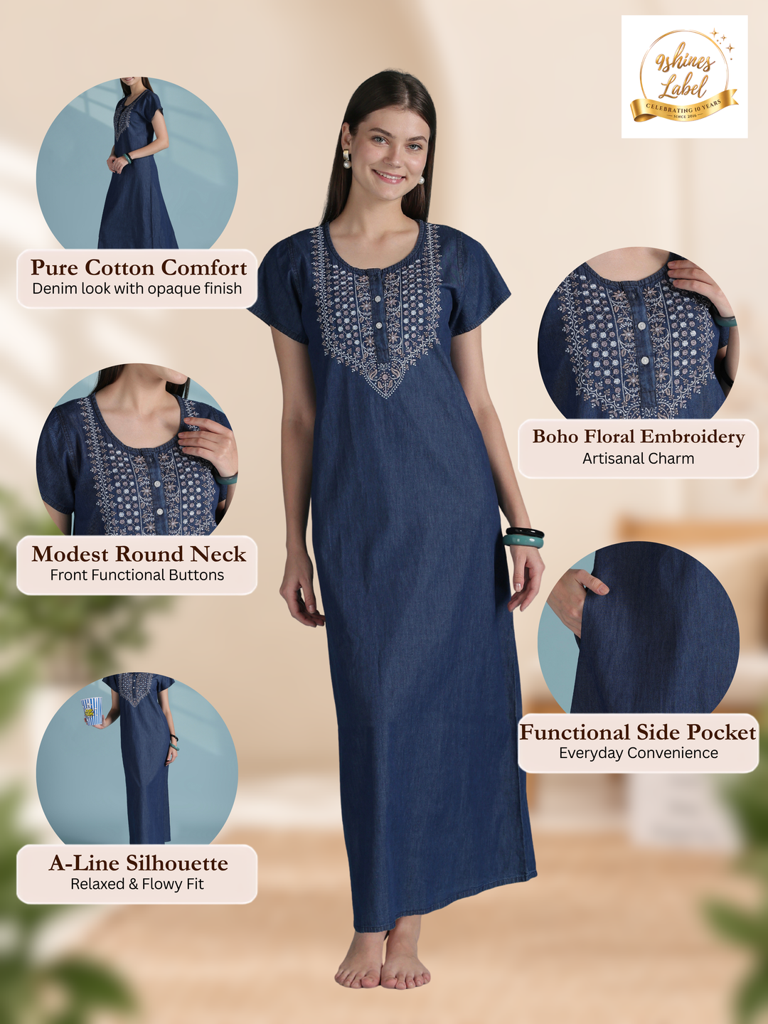 Premium Denim  Cotton Nightdress with Boho Embroidered Neckline