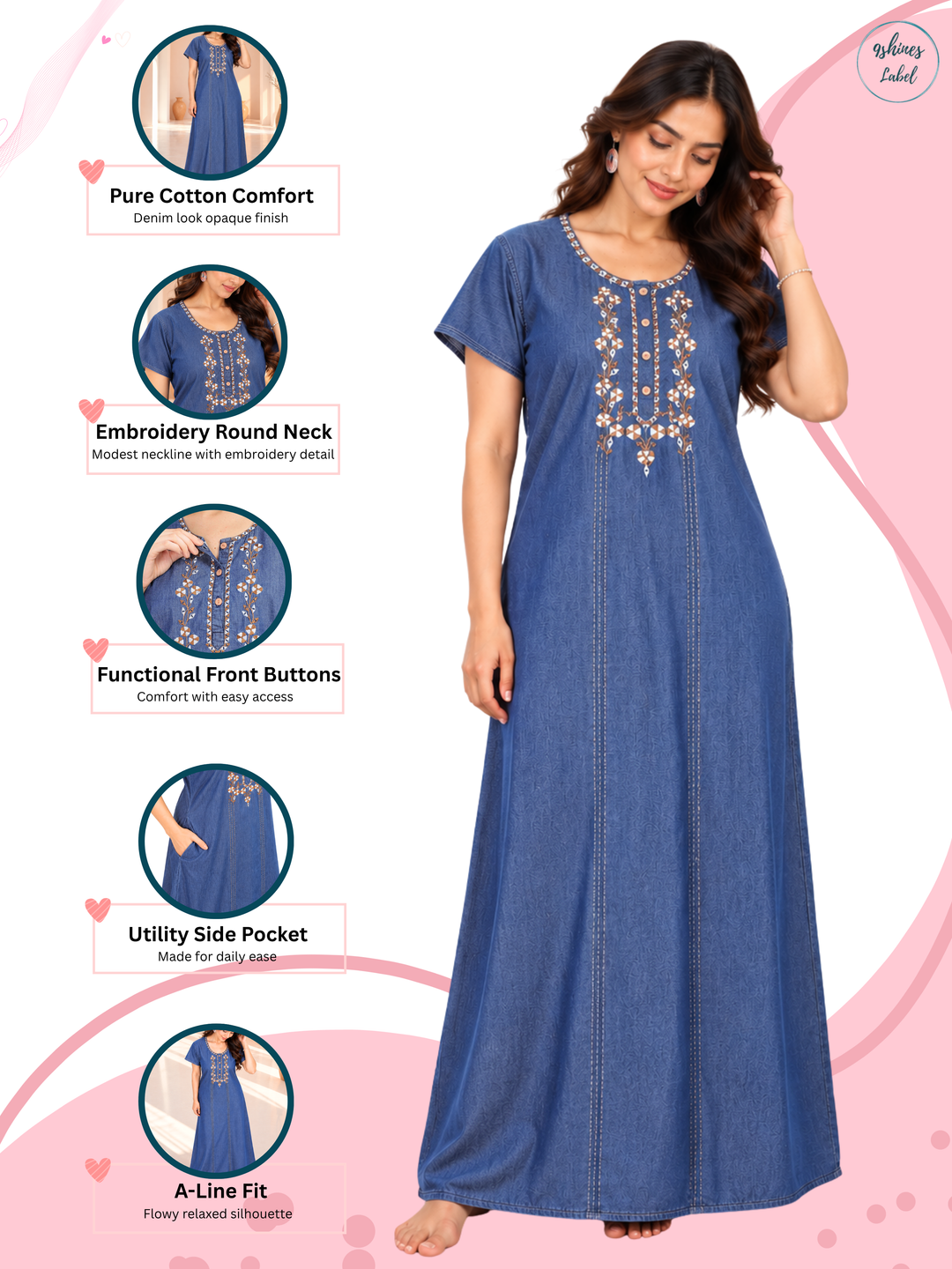 Intricate Embroidery Denim Blue Nighty - Soft Cotton for Cozy Comfort