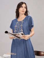 Intricate Embroidery Denim Blue Nighty - Soft Cotton for Cozy Comfort