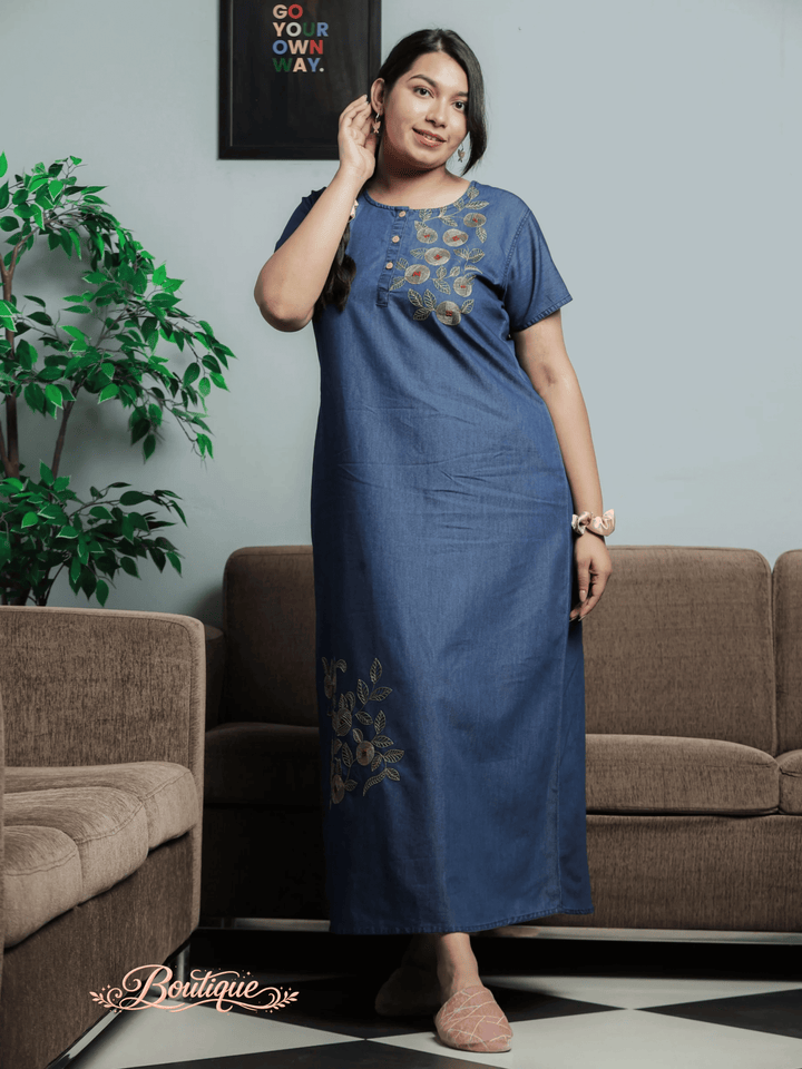 Premium Denim Designer Nighty Leaf &amp; Coin Embroidery Dark Blue