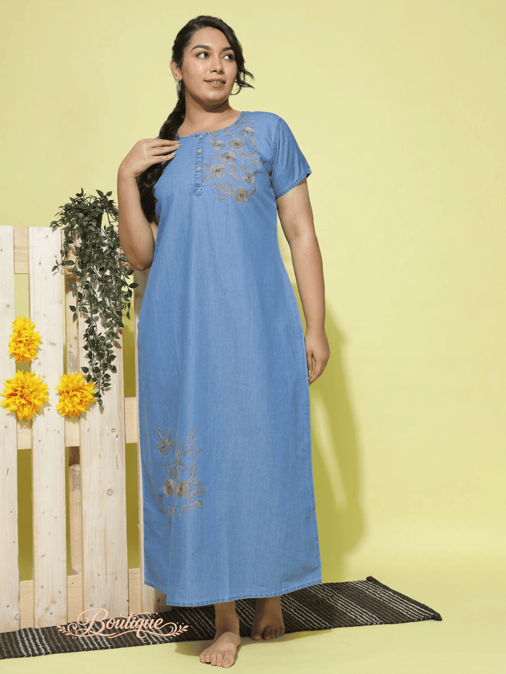 Premium Pty Leaf &amp; Coin Embroidery Sky Blue