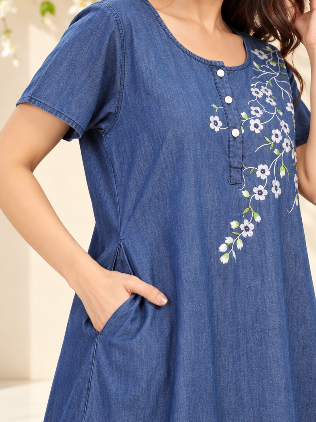 Soft Cotton Denim Blue Nighty with Floral Embroidery | Relaxed Fit