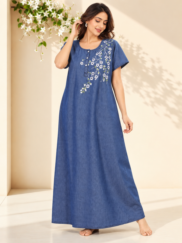 Soft Cotton Denim Blue Nighty with Floral Embroidery | Relaxed Fit