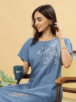 Sky Blue Cotton Nighty with Elegant Floral Embroidery | A-Line Design