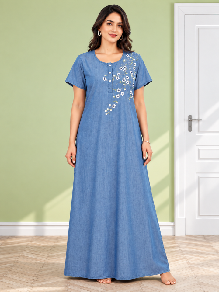 Sky Blue Cotton Nighty with Elegant Floral Embroidery | A-Line Design