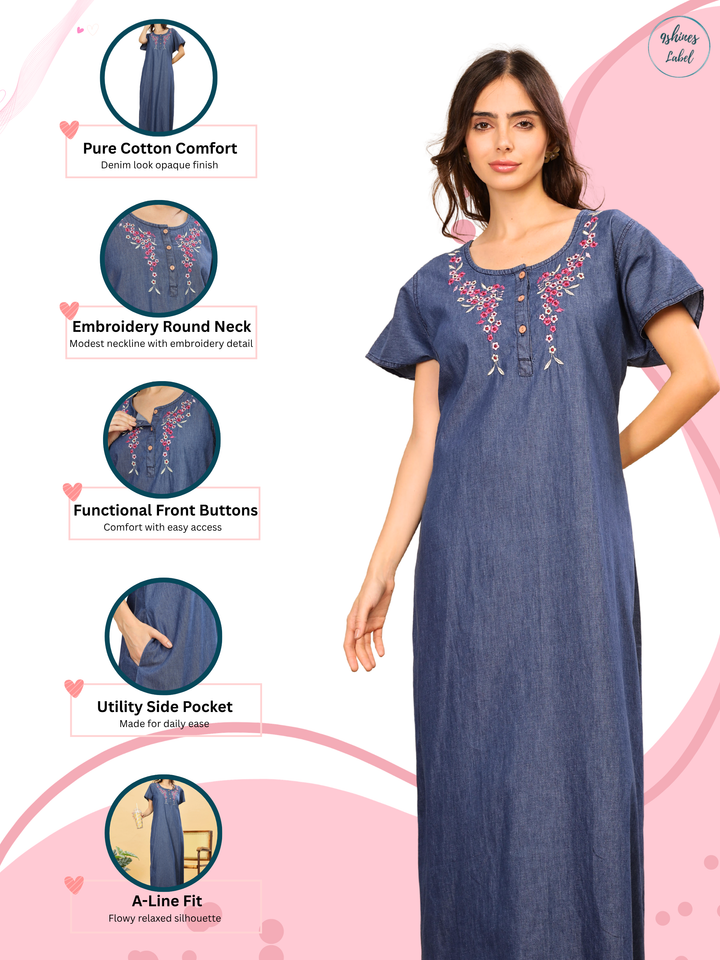 Soft Denim Blue Nighty with Pink Floral Embroidery Maxi Length