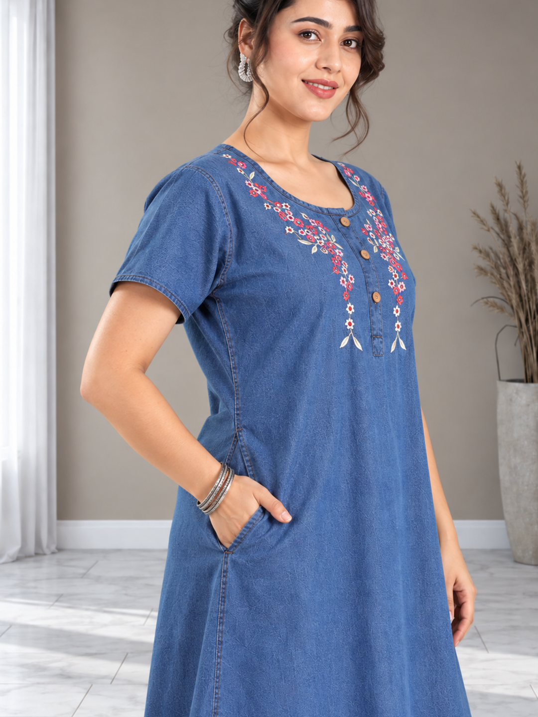 Soft Denim Sky Blue Nighty with Pink Floral Embroidery Maxi Length