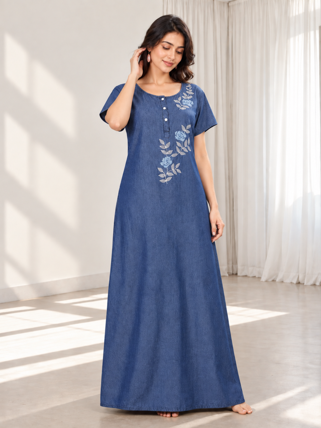 Denim Blue Soft Cotton Nighty | Floral Embroidery, Full-Length Comfort