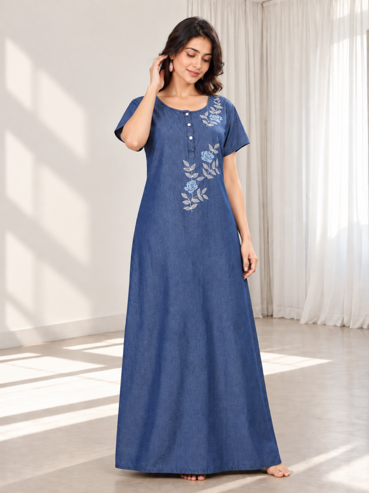 Denim Blue Soft Cotton Nighty | Floral Embroidery, Full-Length Comfort