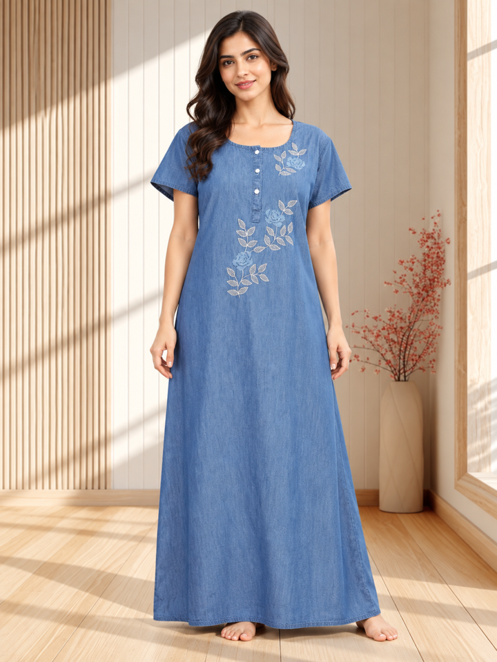 Sky Blue Cotton Embroidered Maxi Nighty | Comfort &amp; Style Combined