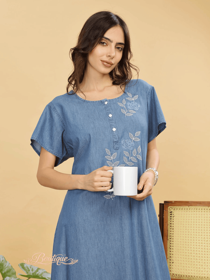 Sky Blue Cotton Embroidered Maxi Nighty | Comfort &amp; Style Combined