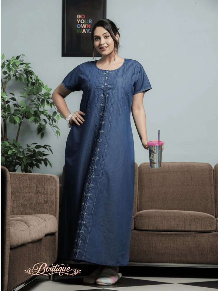 Denim Cotton Designer Nighty for Women with Spiral Puff Neck