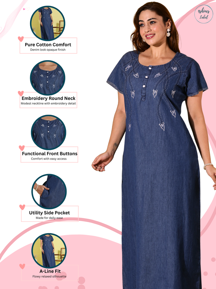 Dark Blue Denim Nighty with Elegant Embroidery and Easy Closure