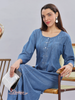 Sky Blue Denim Cotton Maxi Nighty with Elegant Embroidery for Women