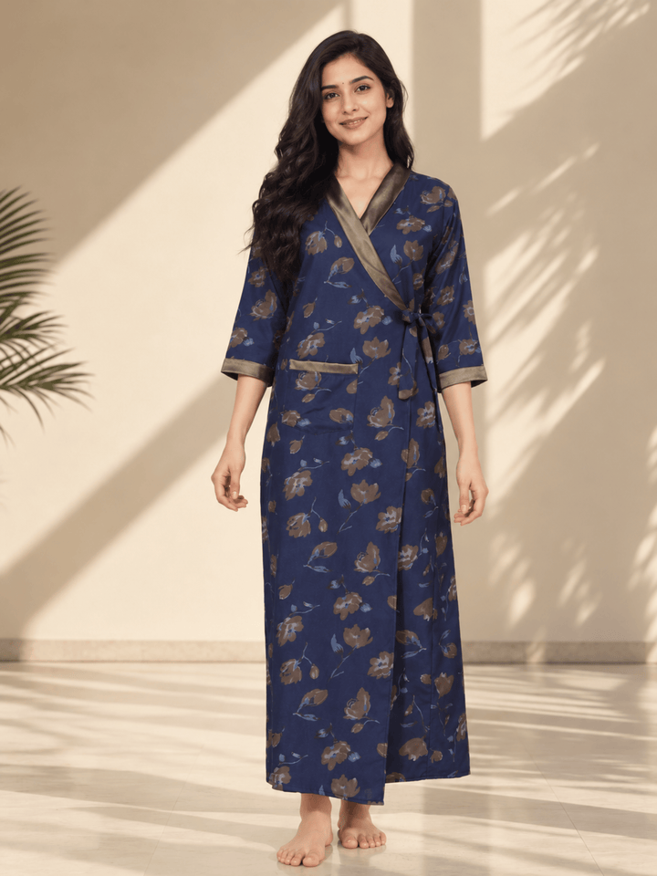 Midnight Indigo Floral Print Viscose Blend House Coat