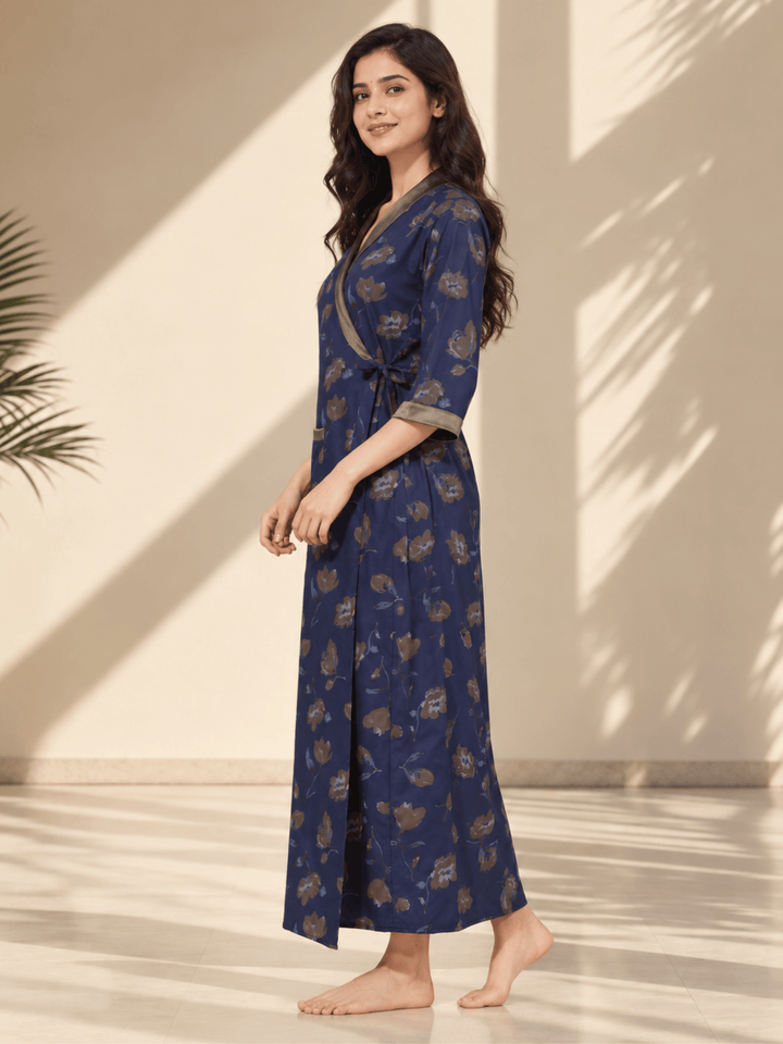 Midnight Indigo Floral Print Viscose Blend House Coat