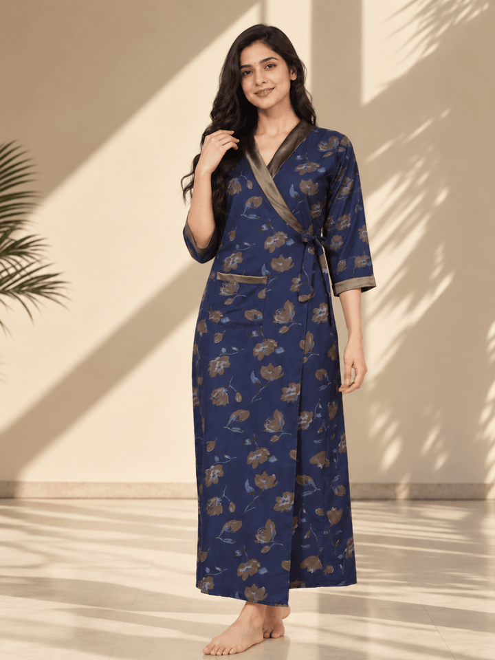 Midnight Indigo Floral Print Viscose Blend House Coat