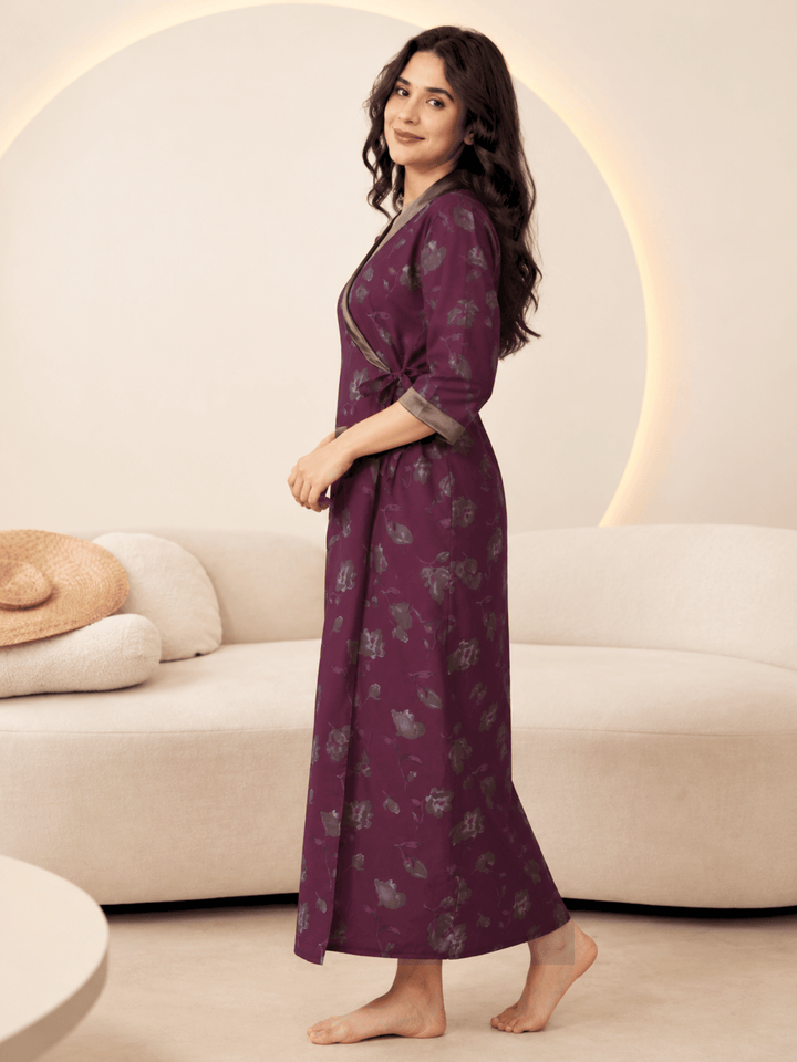 Plum Orchid Floral Print House Coat for Women