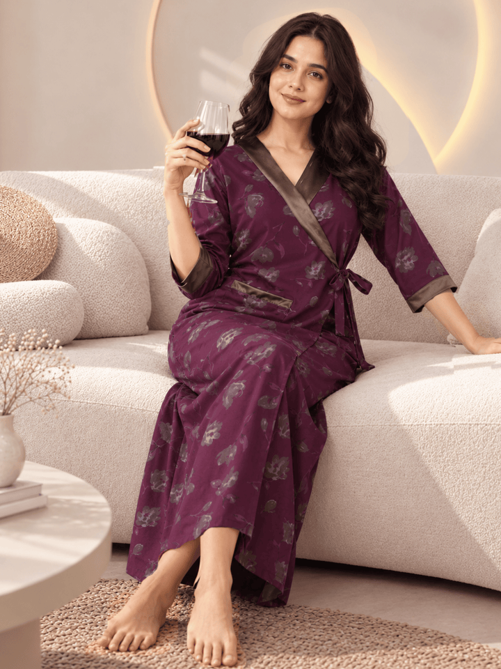 Plum Orchid Floral Print House Coat for Women