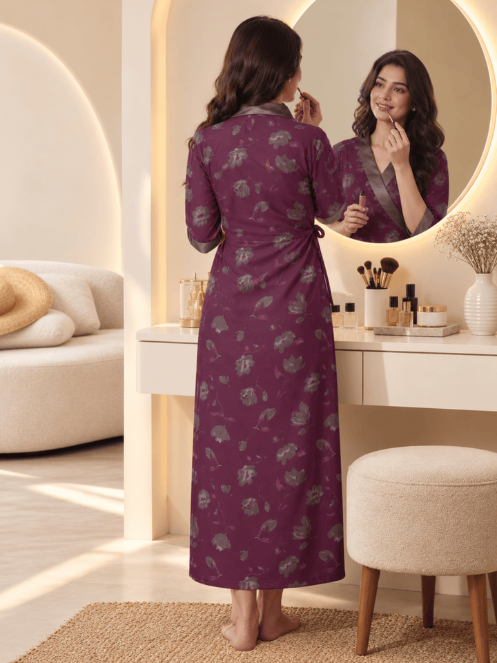 Plum Orchid Floral Print House Coat for Women