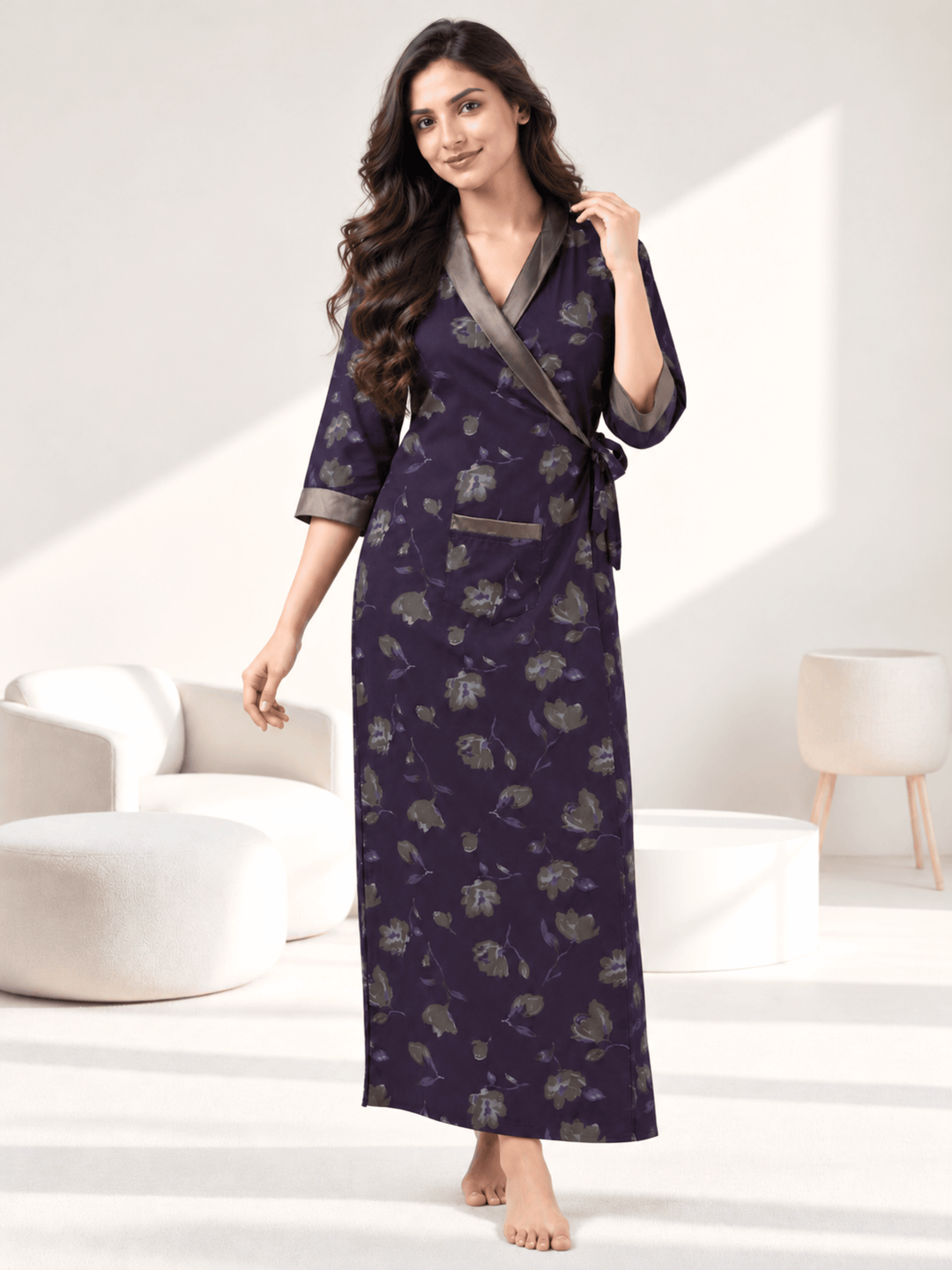 Dark Wine Floral Print Viscose Blend House Coat