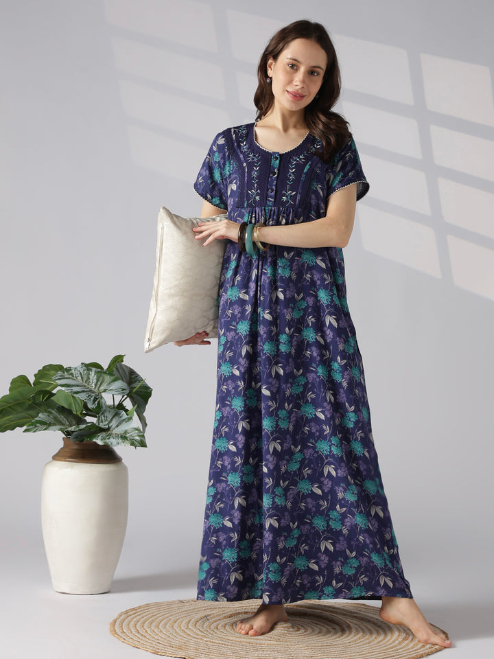 Floral Pleated Alpine Nighty for Women with Pocket and Buttons