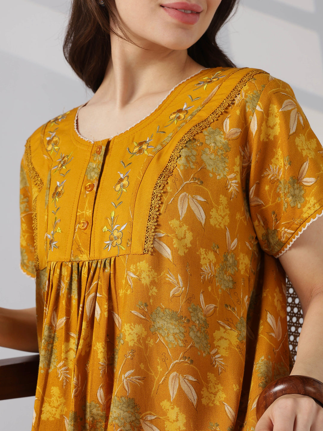 Botanical Print Alpine Nighty for Women with Pleated Fit