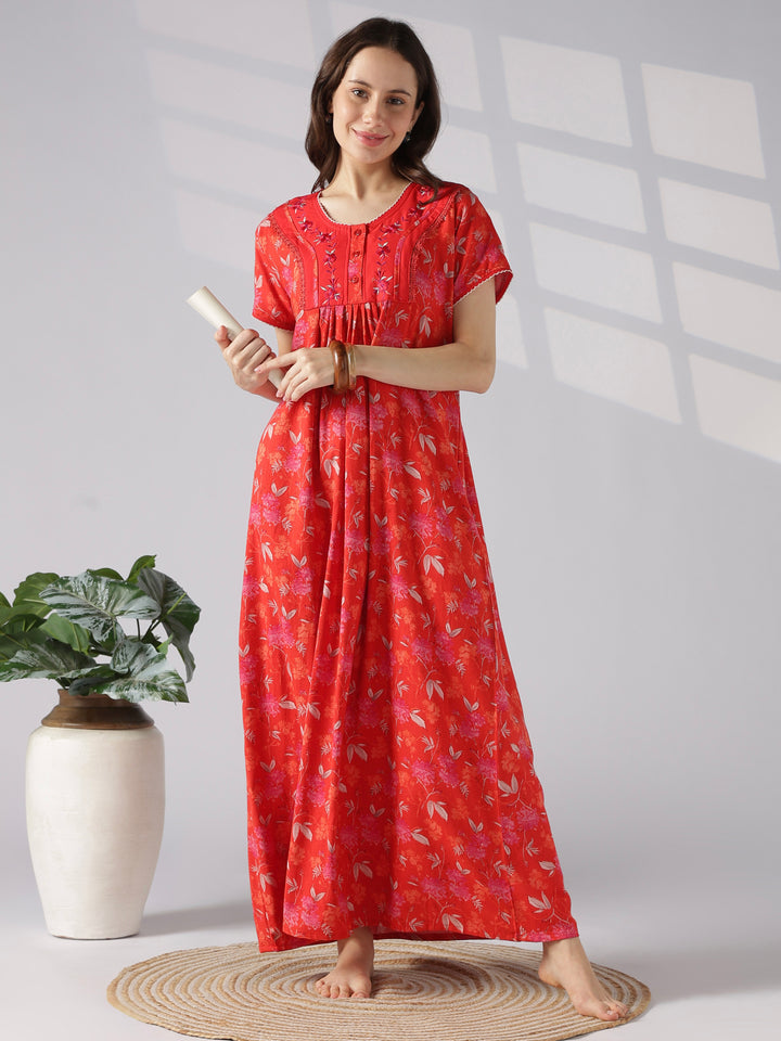 Pleated Floral Designer Nighty for Women in Alpine Fabric