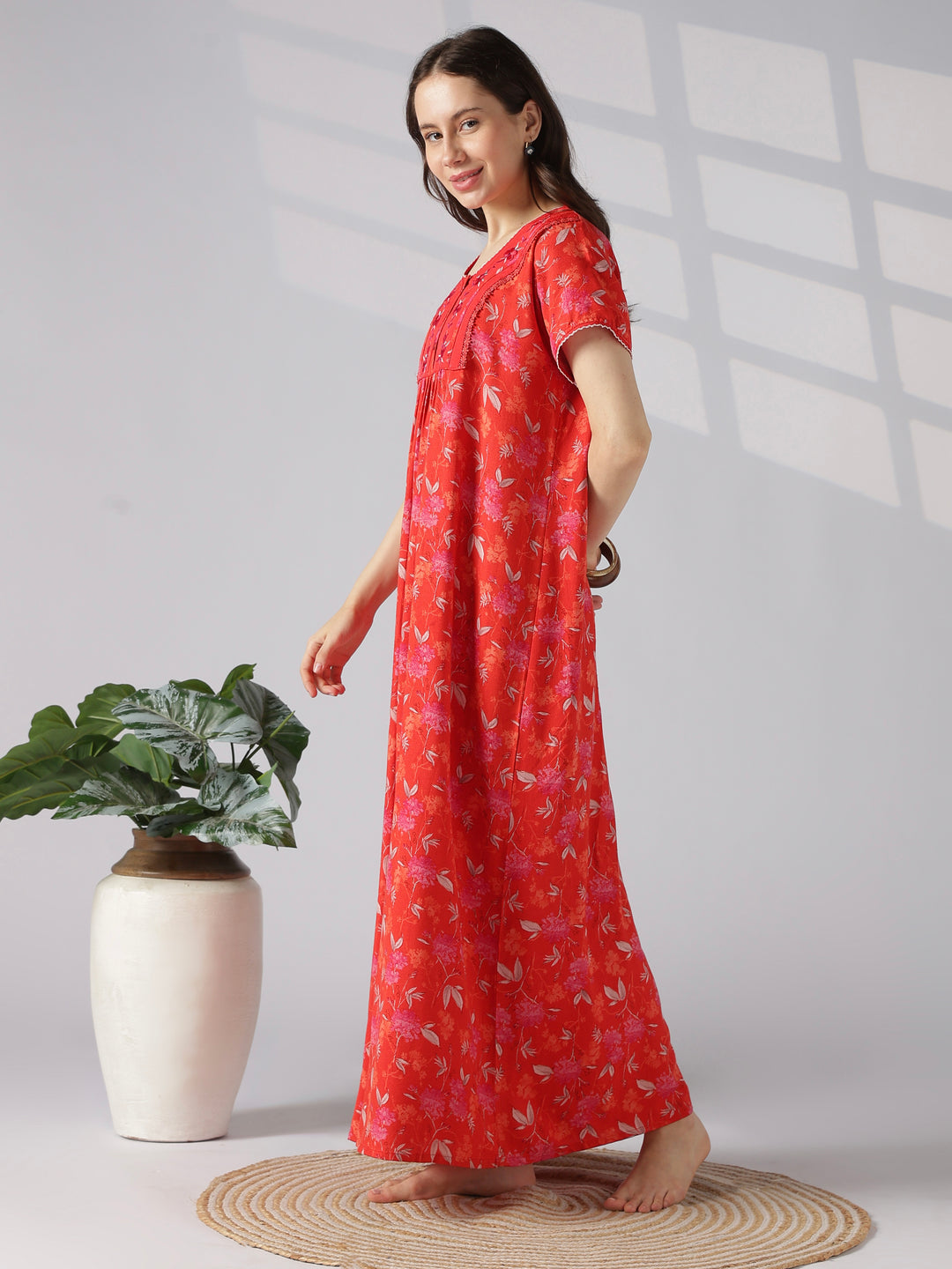 Pleated Floral Designer Nighty for Women in Alpine Fabric