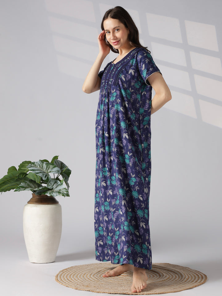 Floral Pleated Alpine Nighty for Women with Pocket and Buttons