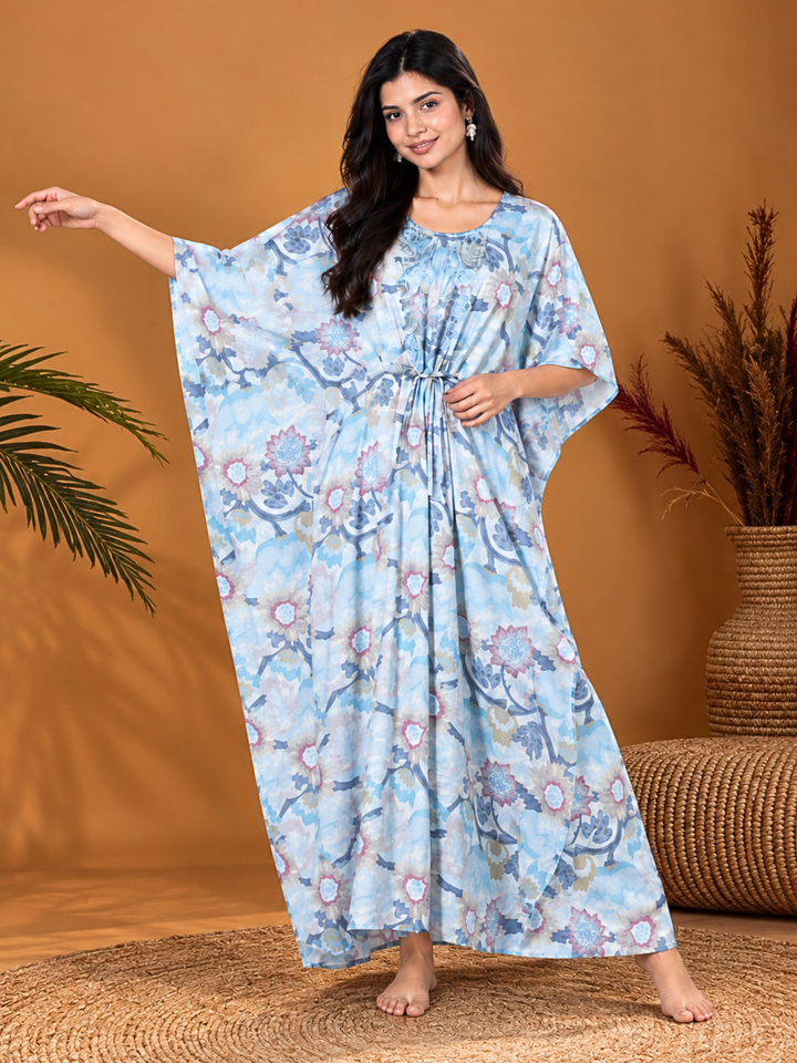 Ice Blue Embroidered Kaftan Nighty in Soft Cotton Fabric
