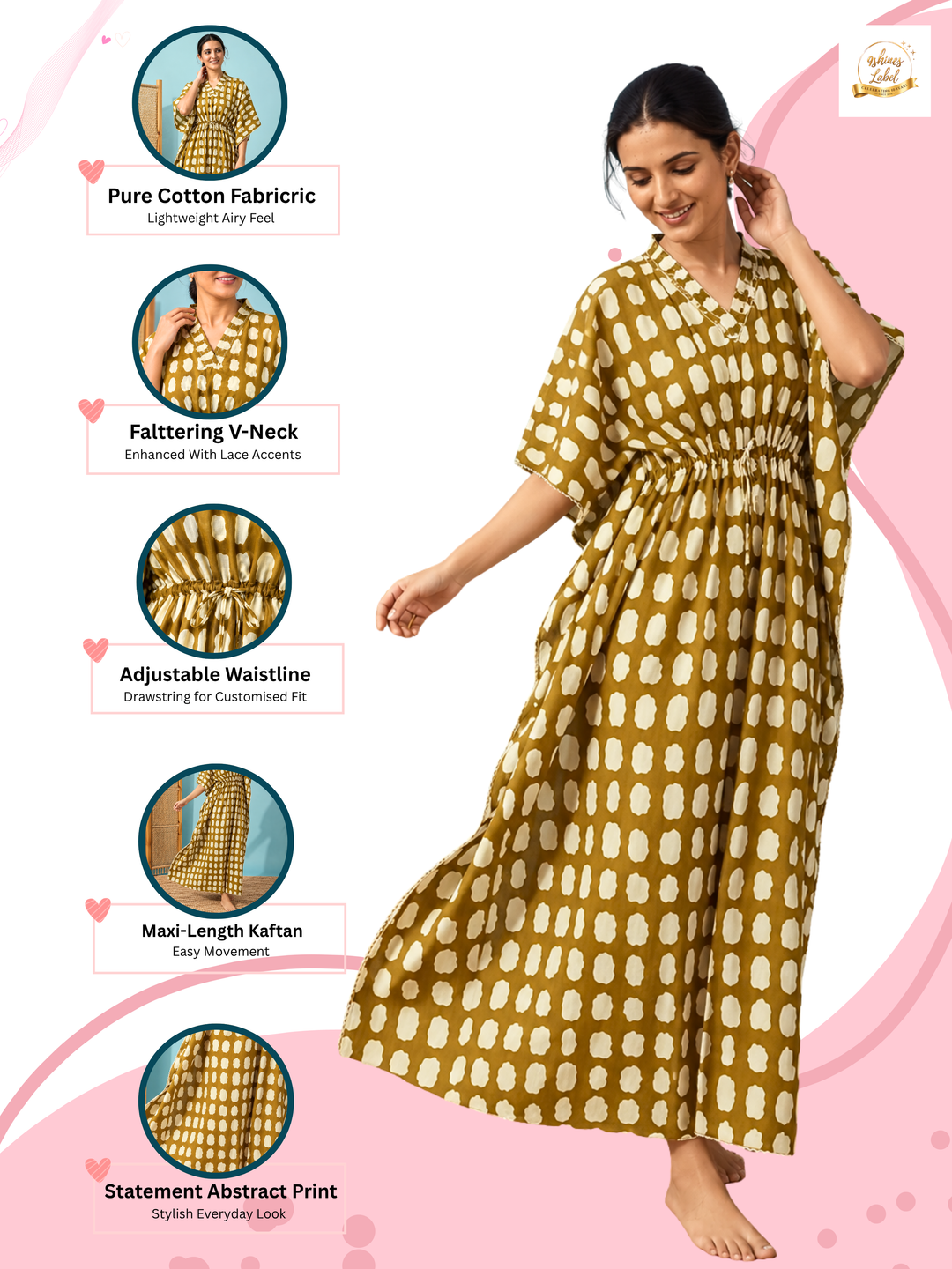 Relaxed Fit Cotton Kaftan for Women with Lace Detailed V Neck