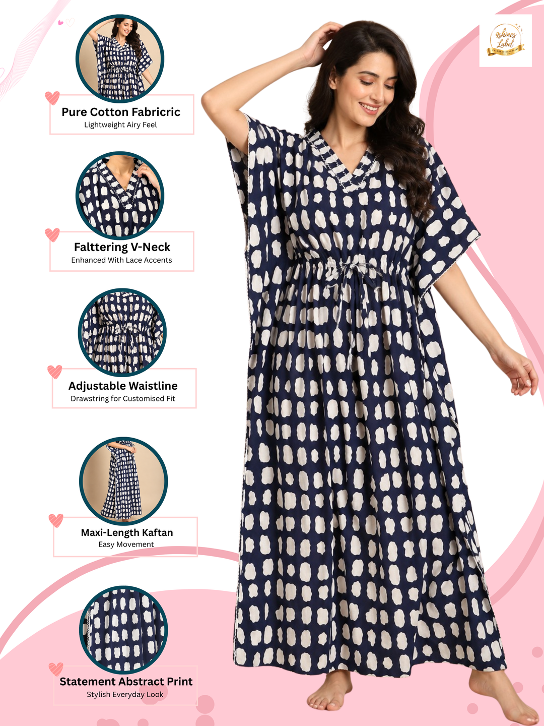 Breathable Cotton Kaftan for Women with Modern Abstract Print